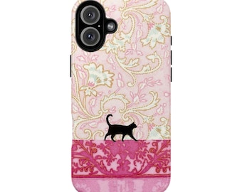 黒猫シルエット柄花柄スマホケース | 丈夫なケース