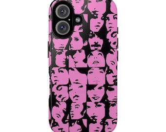 ポップアート風の顔柄スマホケース | ピンクと黒のコラージュ柄