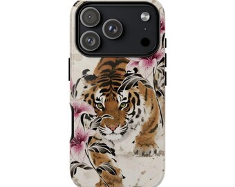 Vintage Tiger with Pink Lilies Tough Case | Floral Animal Phone Cover