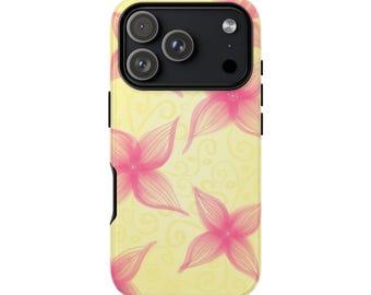 Pink Floral Pattern Tough Case | Pastel Yellow Background, Swirl Accents