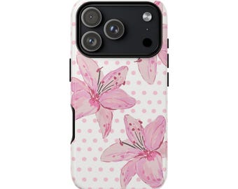 Pink Watercolor Lilies Phone Case | Floral Polka Dot Design