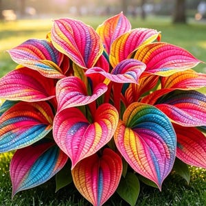 Peut inclure: Une plante aux feuilles en forme de cœur présentant un motif dégradé multicolore. Le feuillage affiche des rayures distinctes de rose vif, de jaune et de bleu, rayonnant depuis le centre de chaque feuille. La plante a un port dense et touffu.
