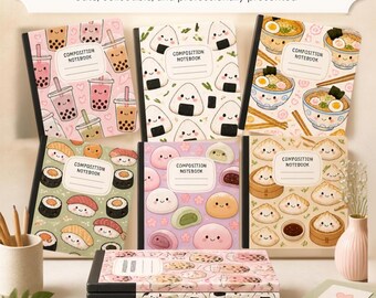 Könnte beinhalten: Eine Sammlung von sechs Notizheften mit Kawaii-Lebensmittelillustrationen, darunter Boba-Tee, Onigiri, Ramen, Sushi, Mochi und Dumplings. Jeder Einband zeigt ein weißes Etikett mit der Aufschrift Composition Notebook.