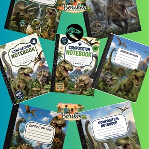 May include: A collection of seven composition books featuring dinosaur illustrations, including T-Rex and Triceratops, set in prehistoric landscapes with volcanoes. Each notebook has a white label for personal identification and text.