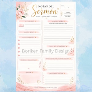 May include: A printable sermon notes sheet featuring a light blue watercolor background with floral accents. The document includes sections titled Notas del Sermón, Texto Bíblico, Tema del Sermón, Puntos Principales, Oración, and Peticiones de Oración.