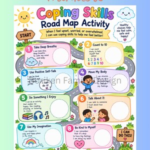 Könnte beinhalten: Ein farbenfrohes, ausdruckbares Coping Skills Road Map Aktivitätsblatt mit acht nummerierten Schritten, Illustrationen und Texten zur Emotionsbewältigung, inklusive Sonne, Wolke, Straßenverlauf, Startschild und einem I can do this Schild.