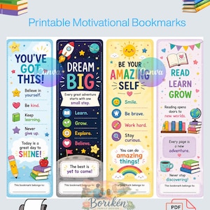 May include: Four vertical bookmarks with motivational text and colorful illustrations. The first is light blue, the second dark blue with space themes, the third yellow with a sun, and the fourth light purple with books and a globe.