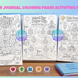 May include: Three white paper sheets featuring black line art for coloring, titled My Prayer Garden, School Day Prayer Map, and Kids Prayer Path. A small blue book with the text Pray Trust Shine sits in front of the sheets on a wooden surface.