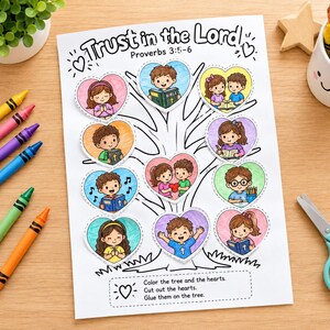 以下が含まれることがあります： Trust in the Lord Proverbs 3:5-6と書かれた白いアクティビティシートで、木の白黒線画が描かれています。シートには、聖書を読んだり祈ったりする子供たちのイラストが描かれた、10個のカラフルなハート型の切り抜きが含まれています。
