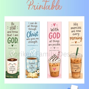 May include: Four vertical bookmarks featuring religious quotes and coffee illustrations. The first is green with a mug on a Bible, the second is blue with a floral mug and open book, the third is pink with a whipped cream iced coffee, and the fourth is tan with an iced coffee cup.