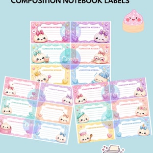 Puede incluir: Un conjunto de 18 etiquetas imprimibles para cuadernos con fondos de colores pastel, texturas brillantes y personajes de bao. Cada etiqueta rectangular incluye líneas para escribir y el texto COMPOSITION NOTEBOOK.
