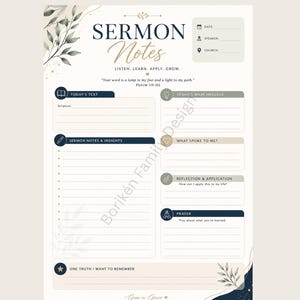 May include: A digital sermon notes template featuring a cream background with dark blue and gold text. Sections include date, speaker, church, today's text, main message, insights, reflection, application, prayer, and one truth to remember.