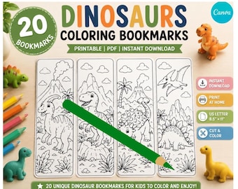 Könnte beinhalten: Ein Set aus 20 ausdruckbaren Dinosaurier-Lesezeichen zum Ausmalen mit schwarz-weißen Strichzeichnungen von verschiedenen Dinosauriern und Vulkanlandschaften. Das Bild enthält einen grünen Stift, kleine Dinosaurierfiguren und den Text 20 DINOSAURS COLORING BOOKMARKS, PRINTABLE | PDF | INSTANT DOWNLOAD.