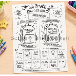 Peut inclure: Une feuille d'activité blanche intitulée Which Backpack Should I Carry? présentant deux illustrations de sacs à dos étiquetées Following Jesus et Following the Crowd, avec divers éléments à découper et trier, incluant du texte sur la foi.