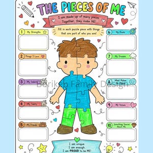 May include: A printable worksheet titled The Pieces of Me featuring a central figure made of puzzle pieces. The page includes ten numbered sections for writing personal details, decorated with colorful icons like hearts, stars, and a lightbulb.