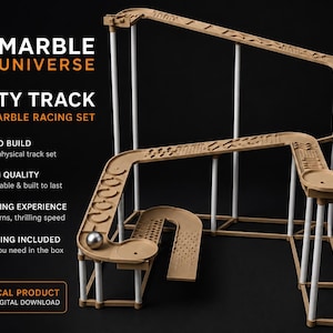 Pode incluir: Um circuito de berlindes de cor bege com pilares de suporte brancos e um berlinde de metal prateado. A pista apresenta vários caminhos e curvas texturizados. O texto na imagem diz: Marble Universe, Infinity Track, Premium Marble Racing Set.