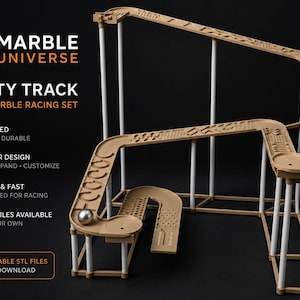 May include: A tan 3D printed marble racing track with white support pillars and a single silver marble. The text reads: MARBLE UNIVERSE INFINITY TRACK PREMIUM MARBLE RACING SET, 3D PRINTED PRECISE & DURABLE, MODULAR DESIGN BUILD EXPAND CUSTOMIZE, SMOOTH & FAST ENGINEERED FOR RACING, DIGITAL FILES AVAILABLE PRINT YOUR OWN, 3D PRINTABLE STL FILES INSTANT DOWNLOAD.