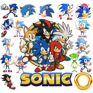 Può includere: Una collezione di adesivi dei personaggi di Sonic the Hedgehog con Sonic, Tails, Knuckles, Shadow, Silver e Cosmo. I personaggi sono raffigurati in varie pose, tra cui correre e dirigere, con la parola SONIC in grandi lettere gialle.