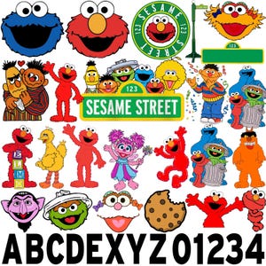 May include: A collection of Sesame Street character stickers including Elmo, Cookie Monster, Big Bird, Bert, Ernie, Abby Cadabby, and Oscar the Grouch, alongside a Sesame Street sign, a cookie, and the letters A, B, C, D, E, X, Y, Z and numbers 0, 1, 2, 3, 4.