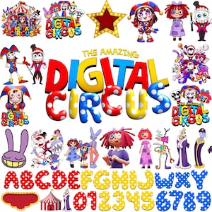 Pode incluir: Uma coleção de adesivos digitais com personagens e logotipos de The Amazing Digital Circus, incluindo figuras de desenhos animados coloridas, um grande logotipo vermelho e amarelo, uma estrela dourada e letras e números com bolinhas.