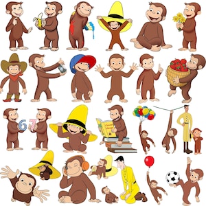 May include: A collection of Curious George illustrations featuring the brown monkey in various poses, including holding a banana, wearing a yellow hat, reading a book, holding a basket of red apples, playing with a football, and with the Man in the Yellow Hat.