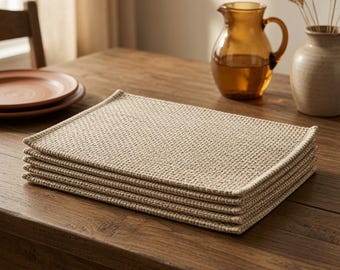 Cotton Woven Placemats Set of 6, Neutral Dining Table Decor, Rectangle Fabric Mats