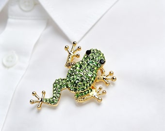 Bicycle and green rhinestone frog Brooch, Enamel Lapel Pin, Gift for Women