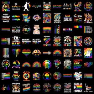 Pode incluir: Uma coleção de diversos designs gráficos com imagens de orgulho nas cores do arco-íris, incluindo slogans, corações, animais e símbolos num fundo preto. Os gráficos incorporam textos como Be Yourself, Ally, Human e Pride em cores vibrantes.