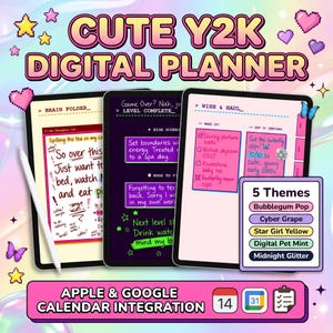 May include: A digital planner displayed on three tablet screens featuring Y2K-themed graphics, text headers like BRAIN FOLDER and WISH & HAUL, and a stylus. A box lists five color themes: Bubblegum Pop, Cyber Grape, Star Girl Yellow, Digital Pet Mint, and Midnight Glitter.