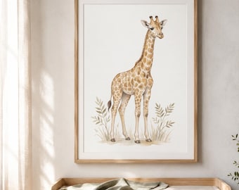 Watercolor Giraffe Nursery Print, Neutral Safari Wall Art, Baby Giraffe Printable, Warm Beige Gender Neutral Baby Room Decor