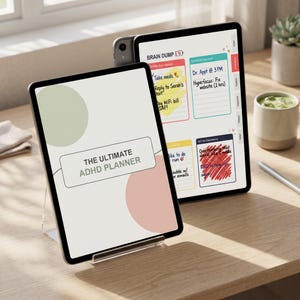 Könnte beinhalten: Zwei Tablets mit einem digitalen Planer. Das vordere Tablet zeigt ein Cover mit dem Text THE ULTIMATE ADHD PLANNER und Pastellkreisen. Das hintere Tablet zeigt eine Seite mit der Überschrift BRAIN DUMP und farbigen Aufgabenfeldern.