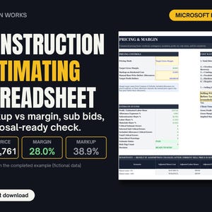 May include: A digital construction estimating spreadsheet for Microsoft Excel by Trellon Works. The layout features large white and yellow text, a preview of the pricing and margin table, and summary boxes showing a sell price of $229,761, 28.0% margin, and 38.9% markup.