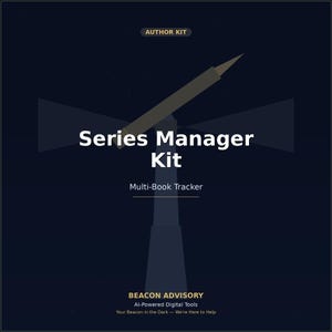 May include: A dark blue digital graphic featuring a lighthouse illustration with a rotating beam. Text reads: AUTHOR KIT, Series Manager Kit, Multi-Book Tracker, BEACON ADVISORY, AI-Powered Digital Tools, Your Beacon in the Dark — We're Here to Help.