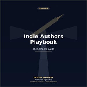 Può includere: Un grafico quadrato blu scuro con un'illustrazione stilizzata di un faro. Il testo recita: PLAYBOOK, Indie Authors Playbook, The Complete Guide, BEACON ADVISORY, AI-Powered Digital Tools, Your Beacon in the Dark — We're Here to Help.
