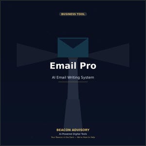 Może przedstawiać: Ciemnoniebieska grafika przedstawiająca ikonę w kształcie latarni morskiej z kopertą na szczycie. Tekst głosi: BUSINESS TOOL, Email Pro, AI Email Writing System, BEACON ADVISORY, AI-Powered Digital Tools, Your Beacon in the Dark — We're Here to Help.