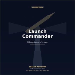 Può includere: Un grafico blu scuro che mostra la sagoma di un faro con un fascio di luce. Il testo recita: AUTHOR TOOL, Launch Commander, AI Book Launch System, BEACON ADVISORY, AI-Powered Digital Tools, Your Beacon in the Dark — We're Here to Help.