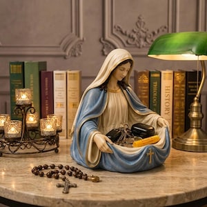 May include: A resin figurine of the Virgin Mary wearing a blue and white robe with a gold cross detail. The figure holds a collection of small items including keys, a black case, and a yellow tube. A brown beaded rosary lies on the table.