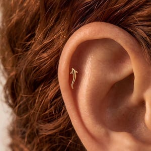 May include: A small gold-toned earring shaped like a shark, positioned on the upper cartilage of an ear. The shark design features a smooth, polished surface with a curved tail, securely attached to the ear as a stud or cartilage piercing.