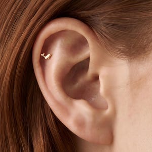 Peut inclure: Une petite boucle d'oreille à tige dorée en forme de baleine, placée dans la partie supérieure du cartilage de l'oreille. La boucle d'oreille présente une finition métallique polie et une silhouette simple qui suit le contour du corps d'une baleine.
