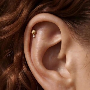 Puede incluir: Un pendiente de oro con forma de pequeña concha marina y una diminuta piedra preciosa triangular transparente colgante. La joya está situada en la zona superior del cartílago de la oreja y presenta un acabado metálico brillante.