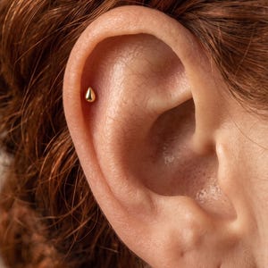May include: A small, polished gold stud earring shaped like a smooth, rounded teardrop. The earring is positioned in the upper cartilage area of the ear, featuring a minimalist, reflective metallic surface with a simple, curved, and symmetrical design.