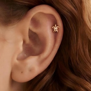 925 Sterling Silver Gold Plated CZ Turtle Stud Earring · Flat Back Ocean Animal Piercing Jewelry · Cartilage Tiny Earring · Summer Beach