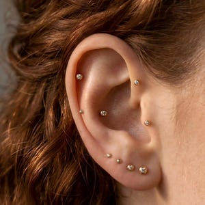 May include: A collection of small gold stud earrings with clear stones arranged in multiple piercings along the ear. The set includes various sizes of round gold beads and prong-set stones placed in the lobe, helix, and conch areas of the ear.