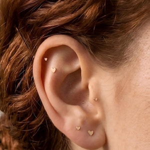 May include: A set of five small, gold-colored heart-shaped stud earrings placed in various positions along the ear cartilage and lobe. Each earring features a simple, flat heart design with a polished finish, secured individually in the ear.