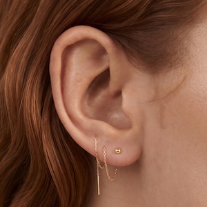 Liten pärltrådarörhänge, S925 sterlingsilver guld lång kedja pull-through öronpiercing, minimalistiska nätt droppsmycken present till henne