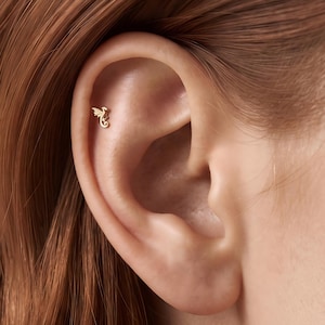 May include: A small gold-colored stud earring shaped like a dragon with wings and a curled tail, positioned on the upper cartilage of an ear. The earring has a polished metallic finish and is secured against the skin of the ear's upper fold.