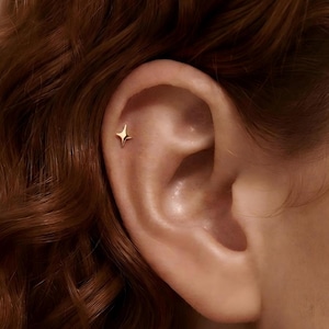 925 Silver Gold Plated Mini Star Heart Stud・Flat Back Celestial Cartilage Piercing・Tiny Four Point Star Earring・Dainty Minimal Women Gift
