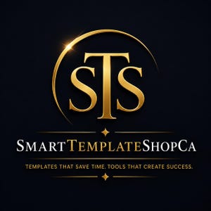 May include: A gold logo featuring the letters STS enclosed in a circular arc on a black background. Below the logo, the text reads SMARTTEMPLATESHOPCA, followed by the tagline TEMPLATES THAT SAVE TIME. TOOLS THAT CREATE SUCCESS.