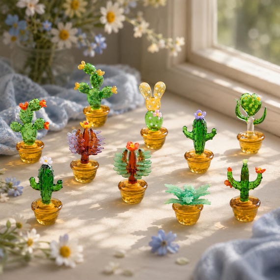 Handgefertigtes Glas Kaktus Set, Miniatur Wüste Dekor, Geschenk für Pflanzenliebhaber