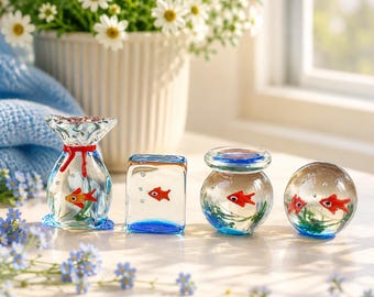 Handmade Glass Goldfish Aquarium, Miniature Fish Figurine, Art Sculpture, Coastal Decor